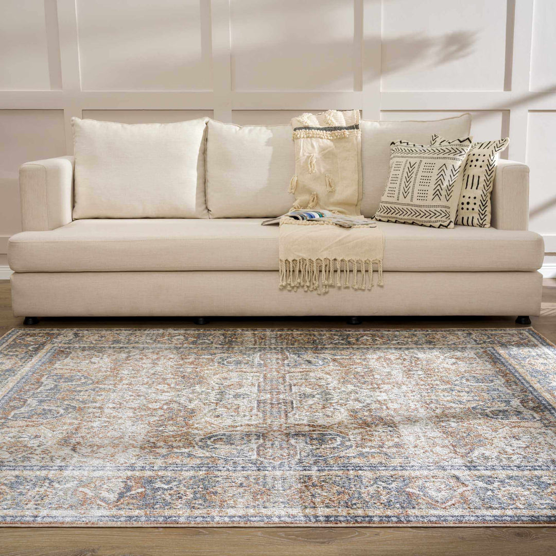 Vintage style Rust, Charcoal and Beige Traditional Design washable rug - The Rug Decor