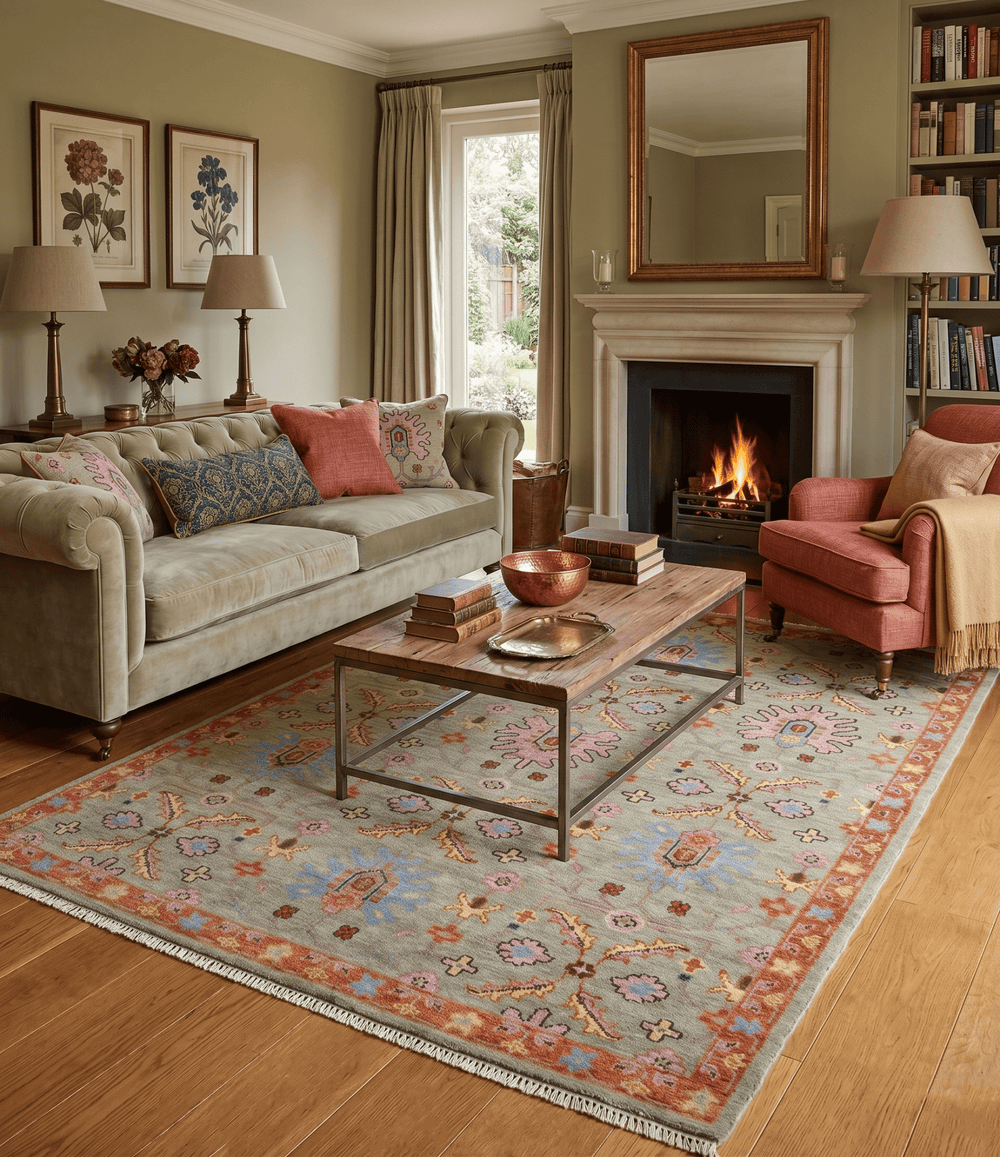 Vintage Style Rust, Pink and Blue Hand Knotted Traditional Oushak Multi Size wool Area Rug - The Rug Decor