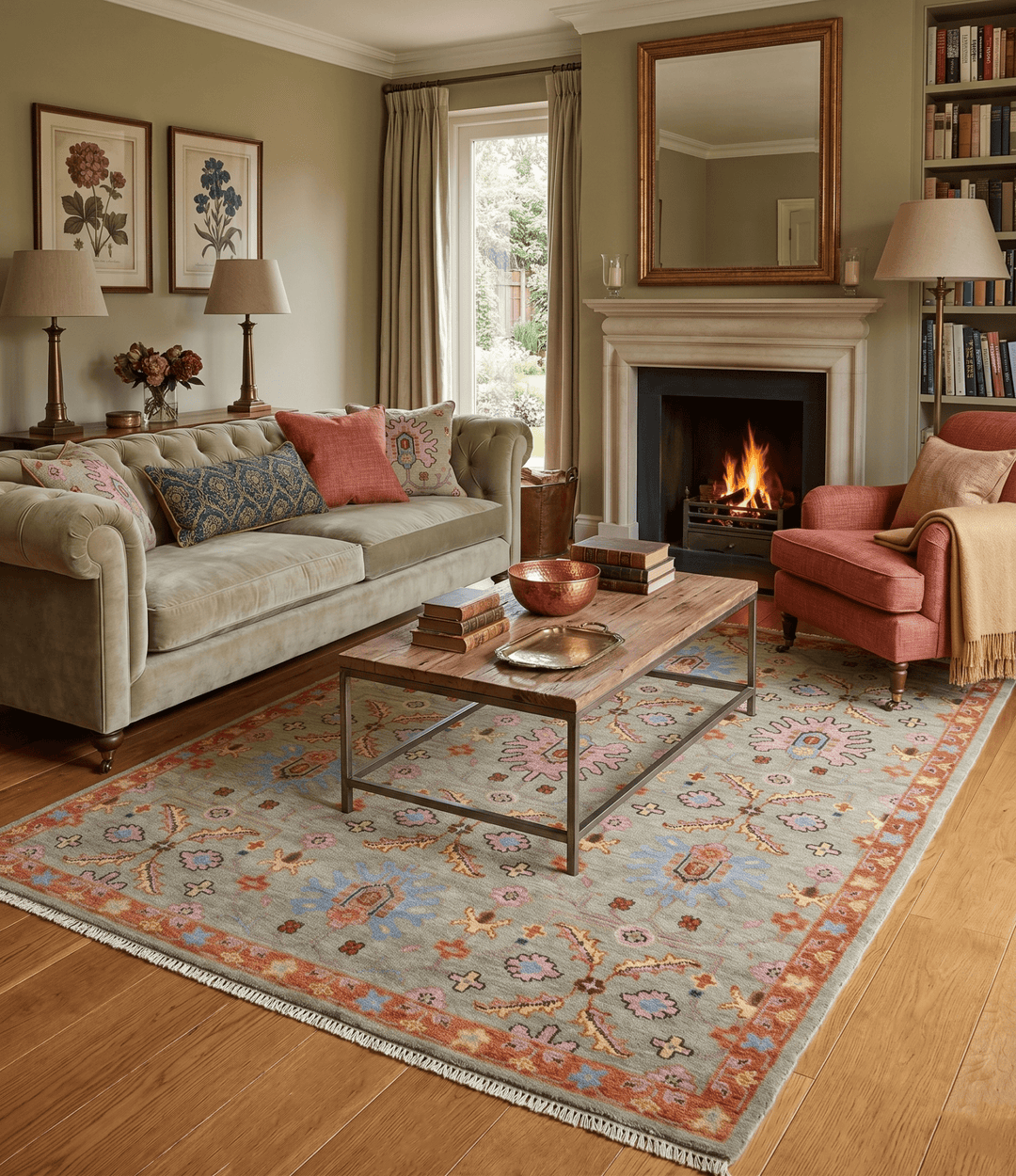 Vintage Style Rust, Pink and Blue Hand Knotted Traditional Oushak Multi Size wool Area Rug - The Rug Decor