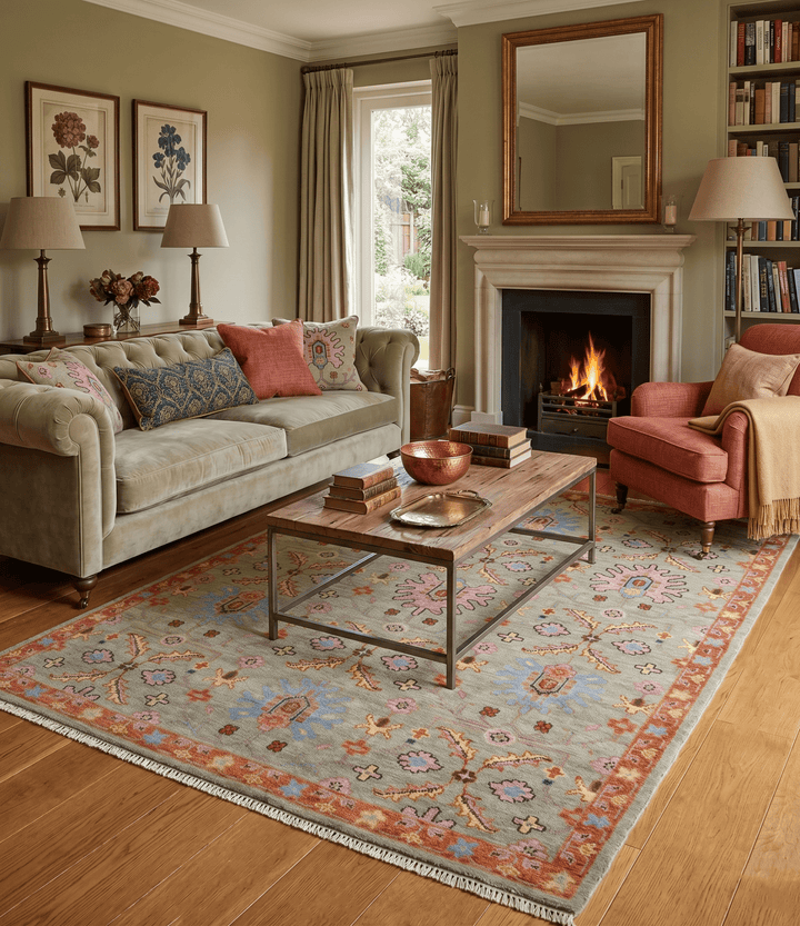 Vintage Style Rust, Pink and Blue Hand Knotted Traditional Oushak Multi Size wool Area Rug - The Rug Decor
