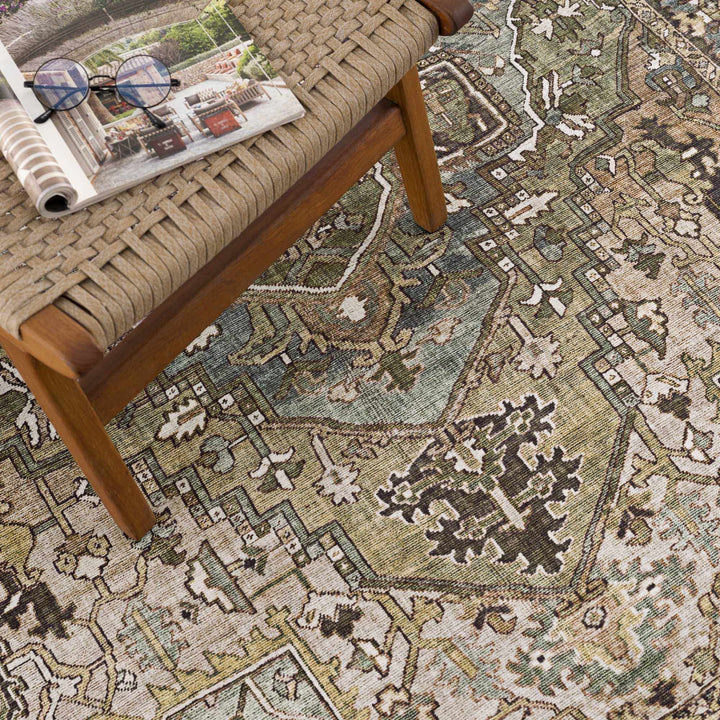 Vintage Style Traditional Heriz Medallion Green, Tan and Charcoal area rug - The Rug Decor