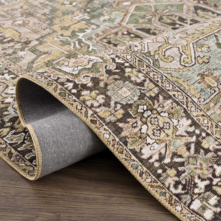 Vintage Style Traditional Heriz Medallion Green, Tan and Charcoal area rug - The Rug Decor