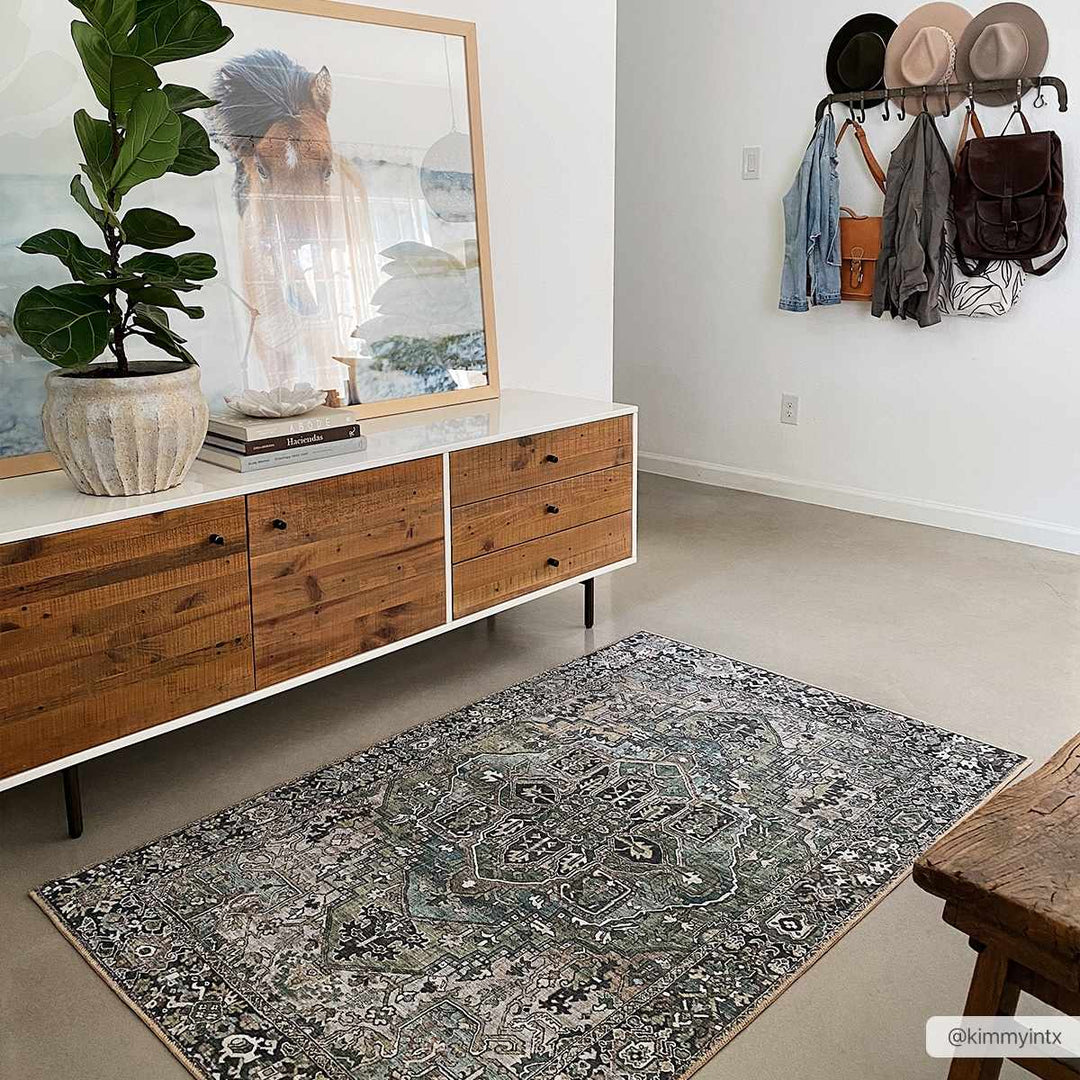 Vintage Style Traditional Heriz Medallion Green, Tan and Charcoal area rug - The Rug Decor