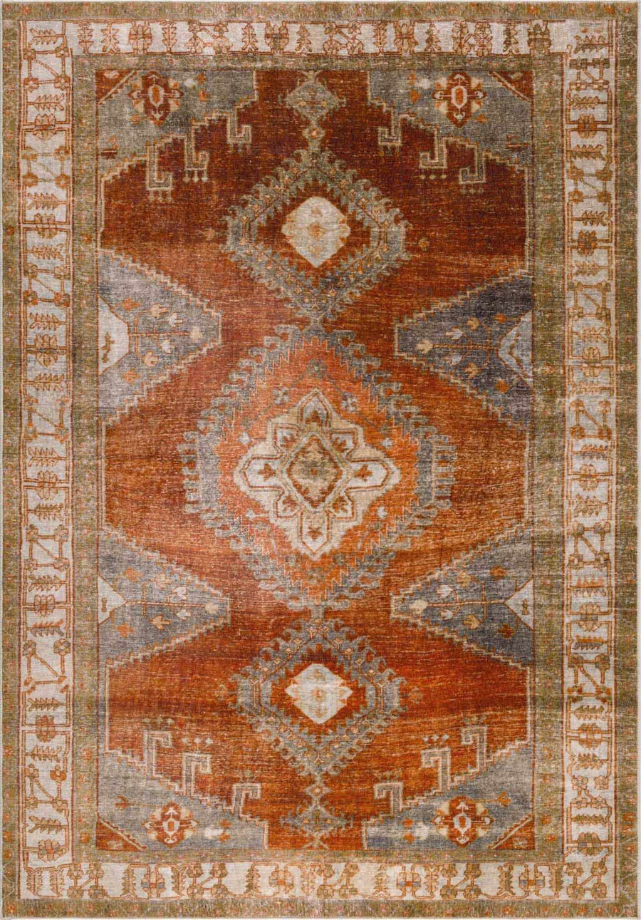 Vintage Style Turkish Design Rust, Gray and Silver Washable Area Rug - The Rug Decor