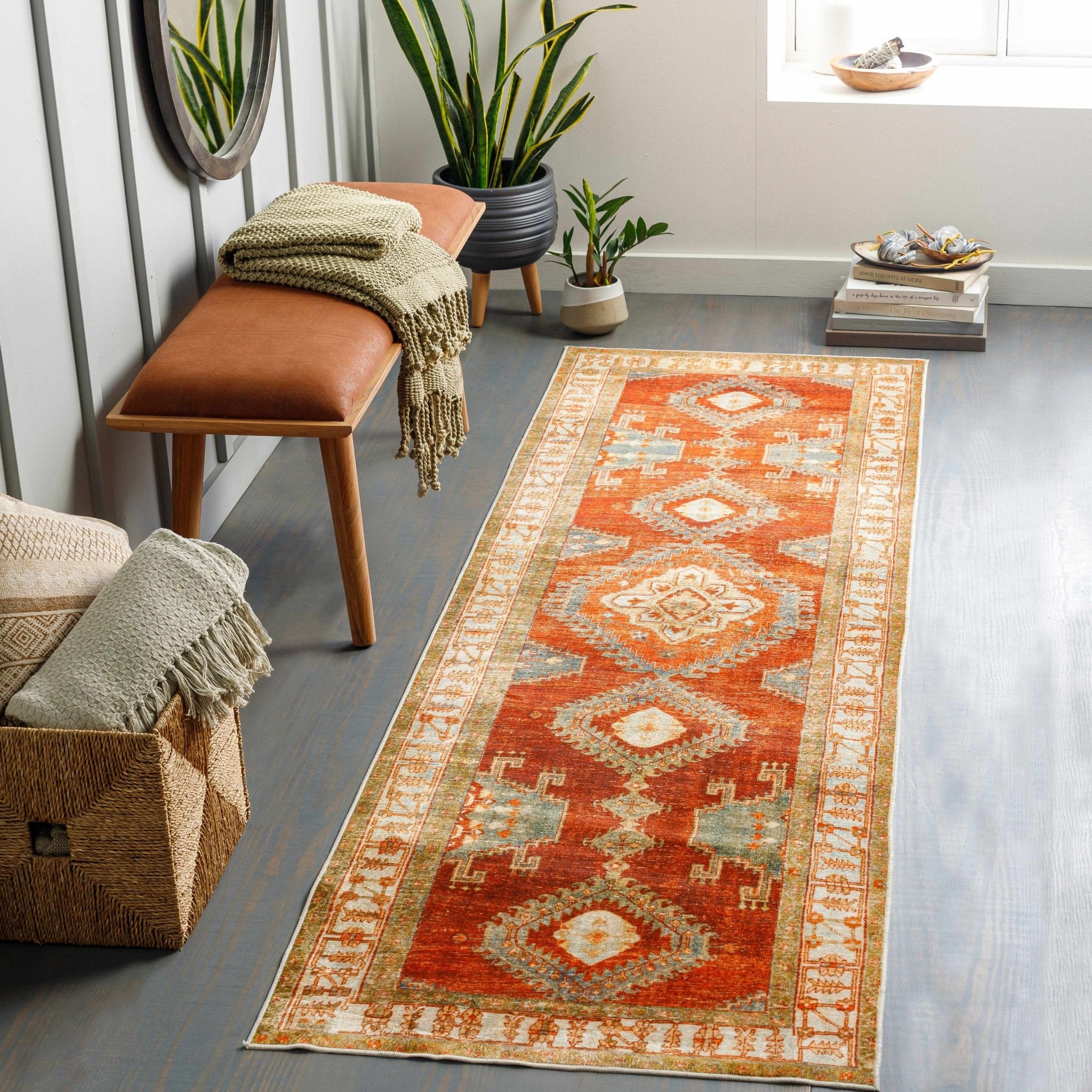 85×198 ViNTAGE TURKiSH RUG Vintage Style Traditional Heriz Rust, Gray and Silver Washable Rug
