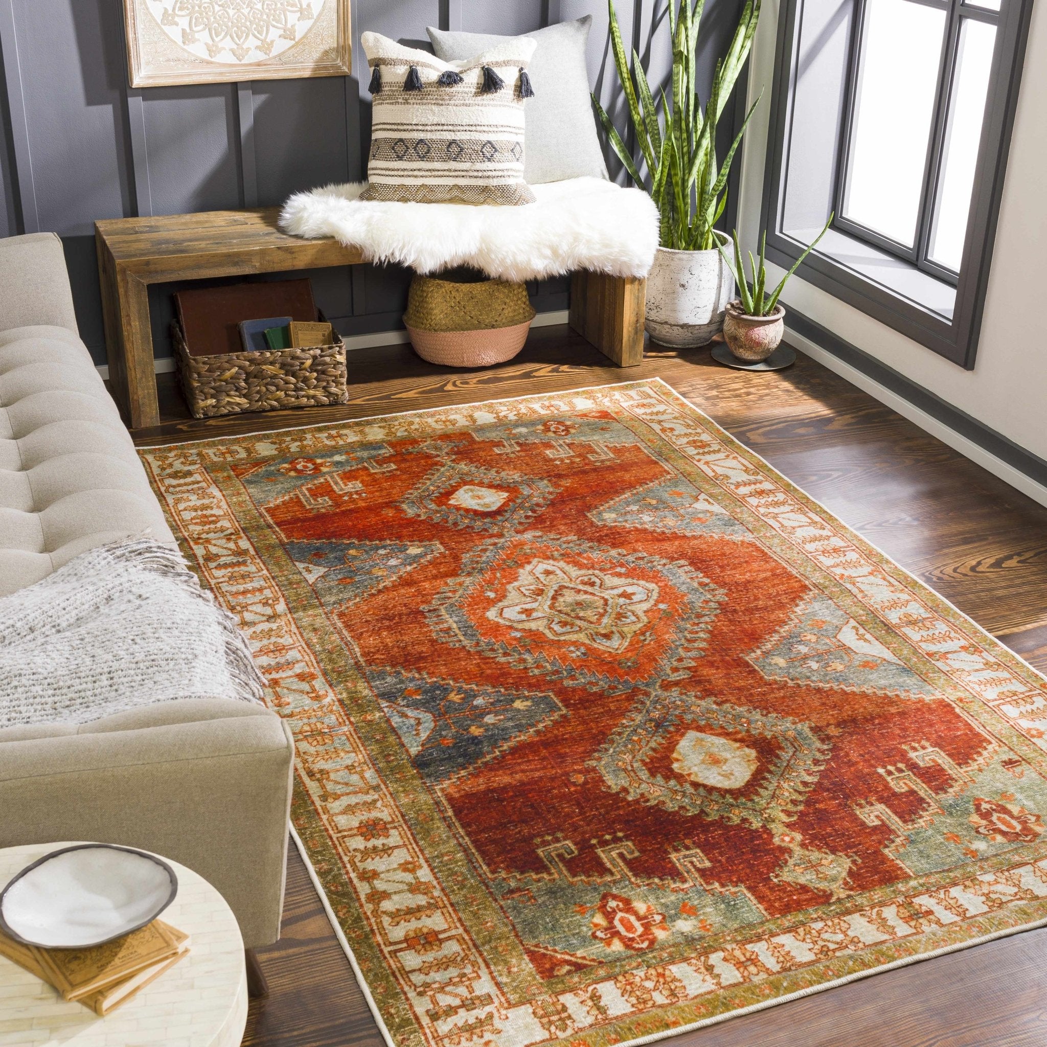 Vintage Style Traditional Heriz Rust, Gray and Silver Washable Rug
