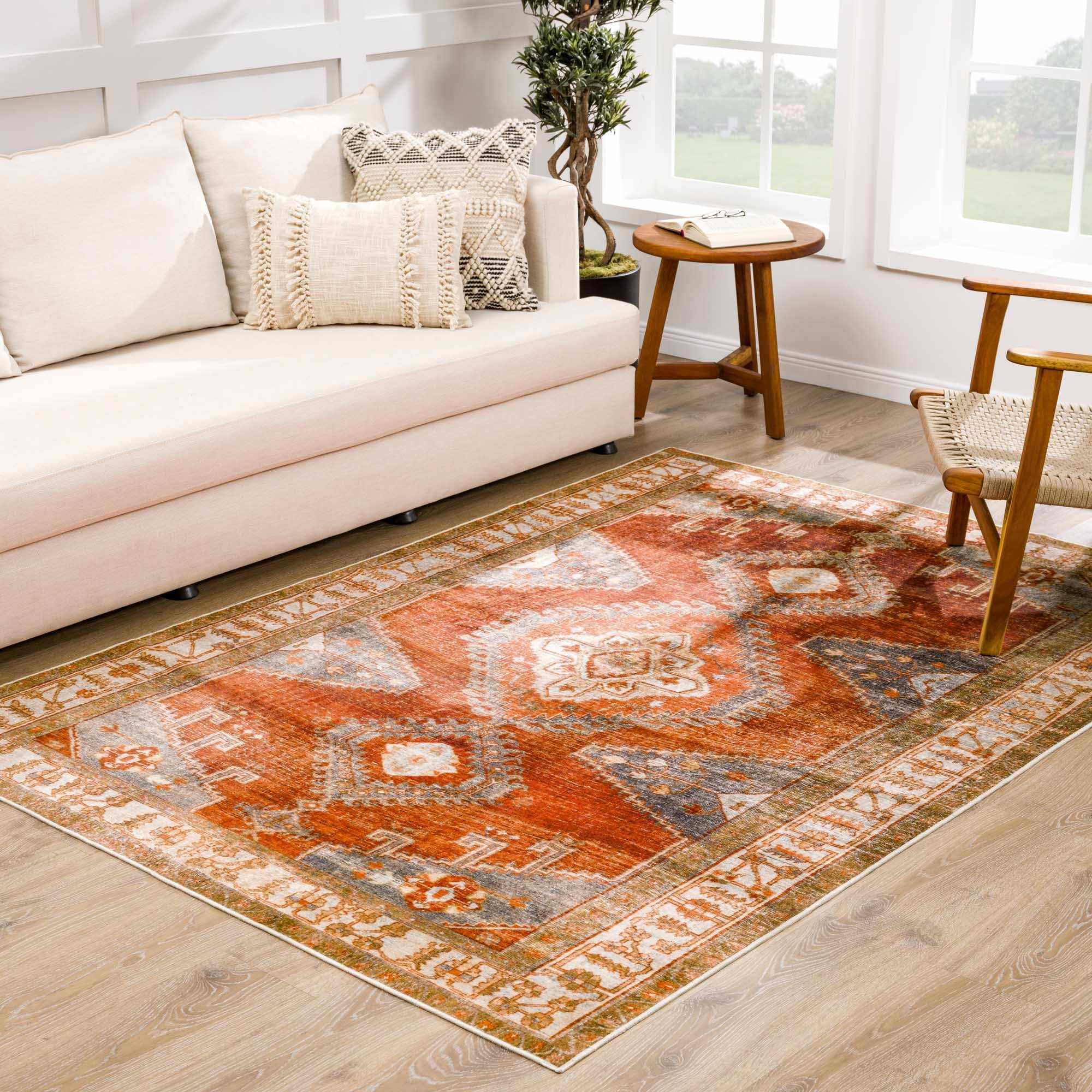 Vintage Style Traditional Heriz Rust, Gray and Silver Washable Rug