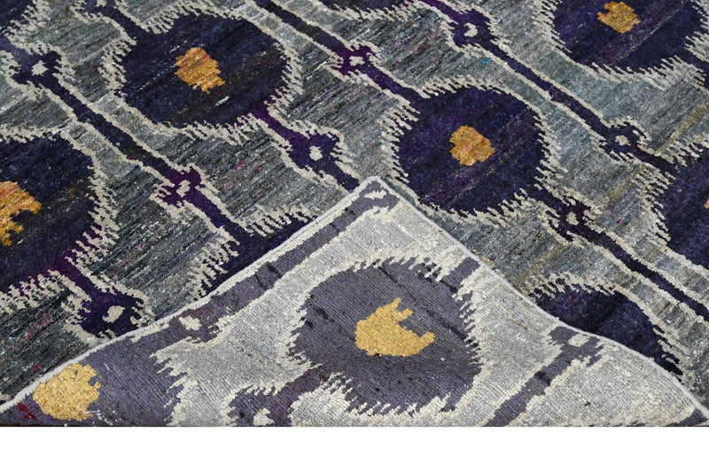 Violet, Gray and Tan Traditional Ikat Design Hand Knotted 10x14 Recycled Silk Area Rug - The Rug Decor