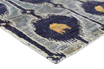 Violet, Gray and Tan Traditional Ikat Design Hand Knotted 10x14 Recycled Silk Area Rug - The Rug Decor