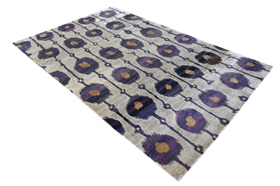 Violet, Silver and Tan Traditional Ikat Design Hand Knotted 5.6x8.6 Recycled Silk Area Rug - The Rug Decor