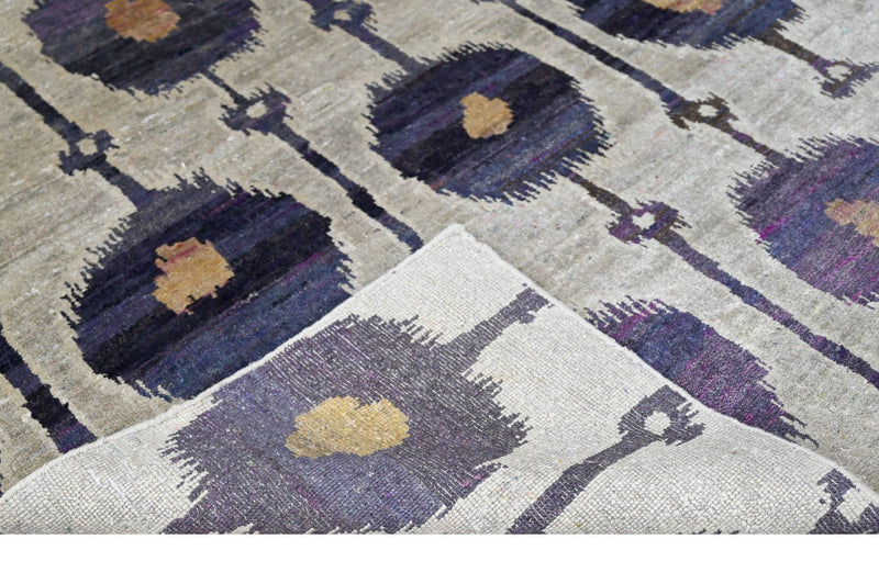 Violet, Silver and Tan Traditional Ikat Design Hand Knotted 5.6x8.6 Recycled Silk Area Rug - The Rug Decor