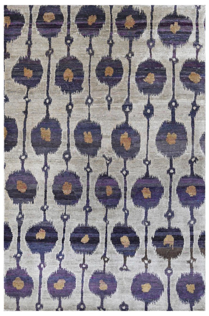 Violet, Silver and Tan Traditional Ikat Design Hand Knotted 5.6x8.6 Recycled Silk Area Rug - The Rug Decor