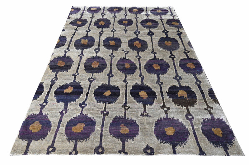 Violet, Silver and Tan Traditional Ikat Design Hand Knotted 5.6x8.6 Recycled Silk Area Rug - The Rug Decor