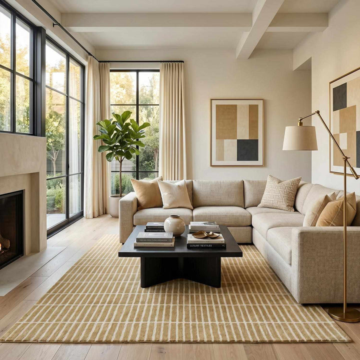 Finial Modern Stripes Design Beige Hand Tufted Wool Area Rug