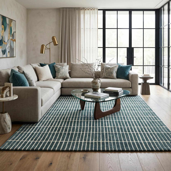 Finial Blue Modern Stripes Design Hand Tufted Wool Area Rug