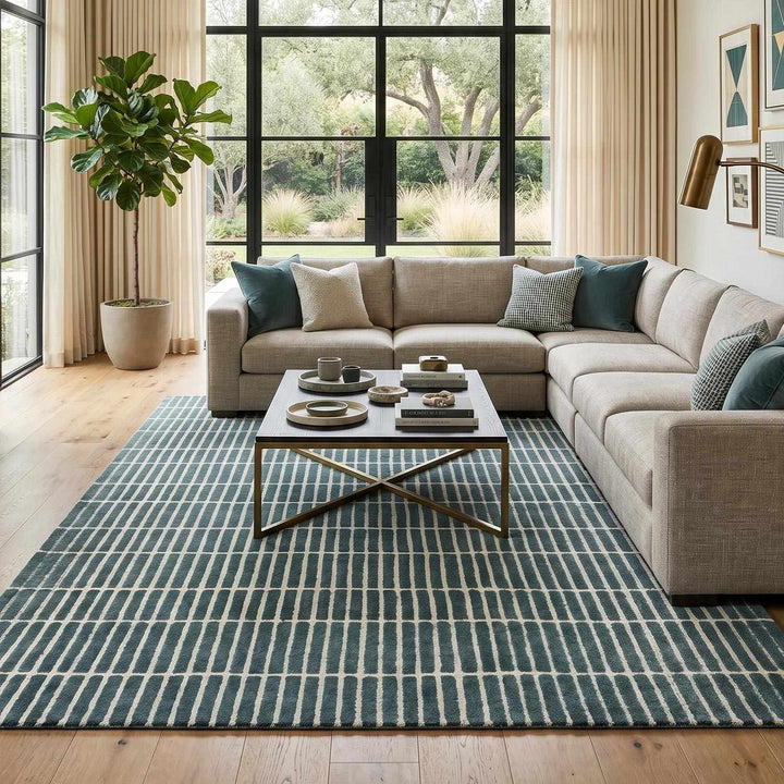 Finial Blue Modern Stripes Design Hand Tufted Wool Area Rug