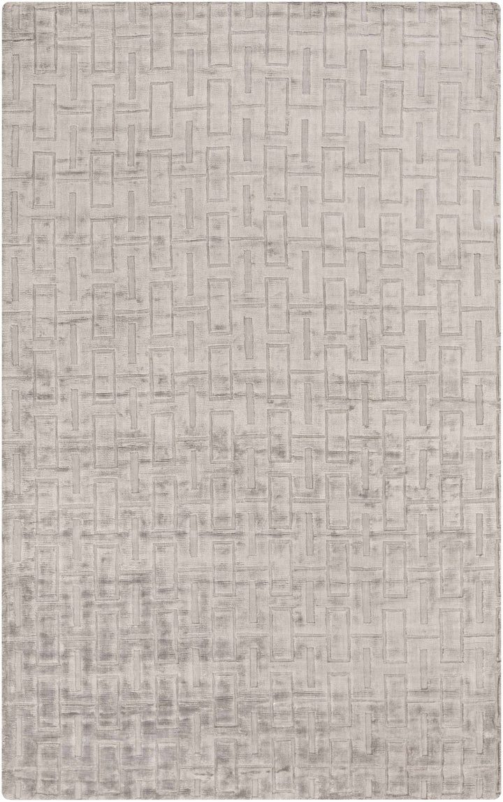 Light gray and silver geometric area rug with repeating brick pattern, textured flat weave