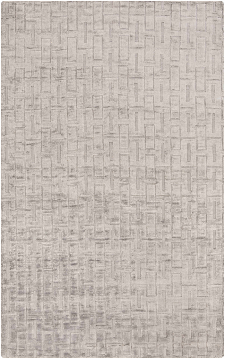Light gray and silver geometric area rug with repeating brick pattern, textured flat weave