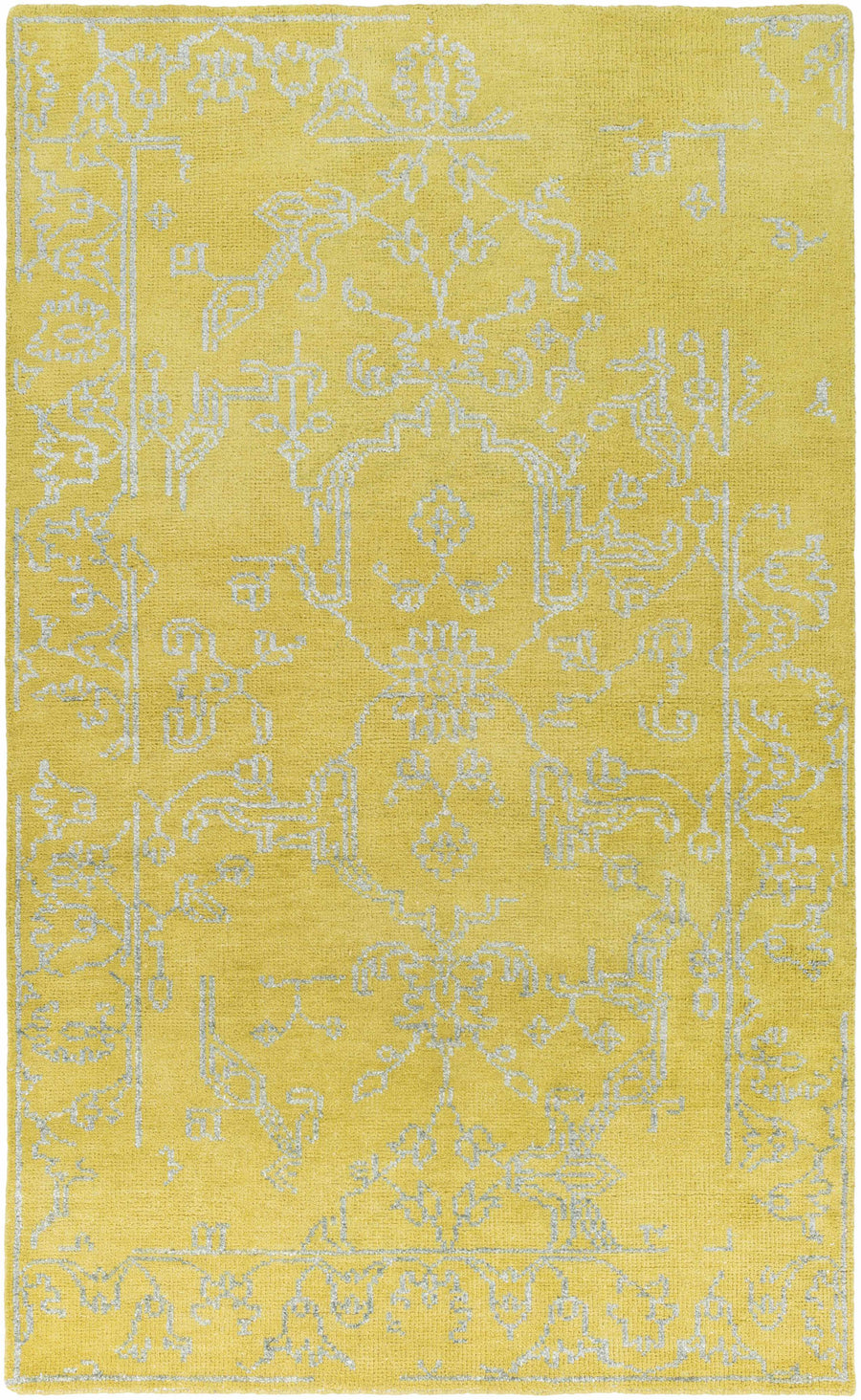 Yellow wool area rug with light geometric medallion pattern and thin border