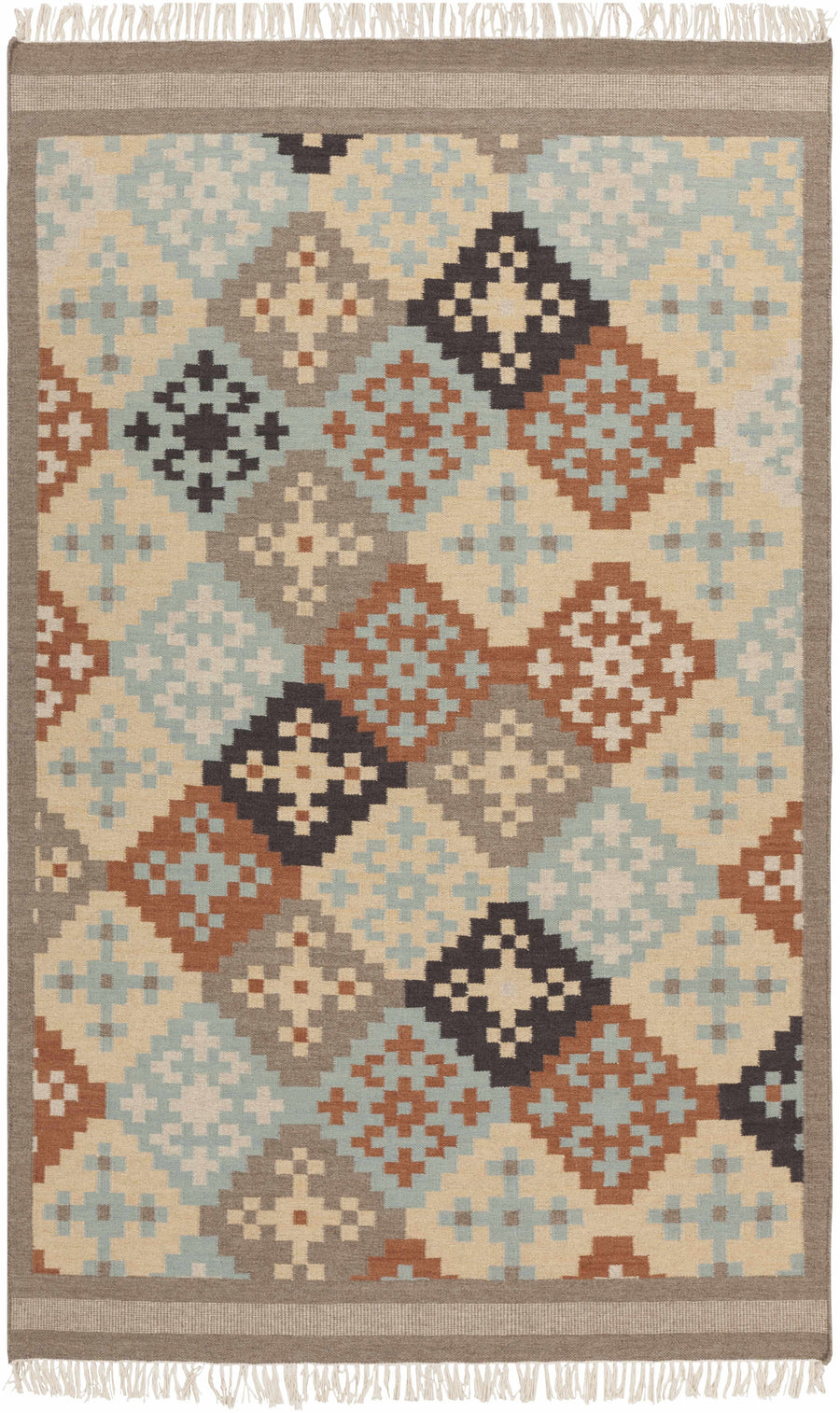 Beige hand-woven wool area rug with geometric cross motifs and fringed edges.