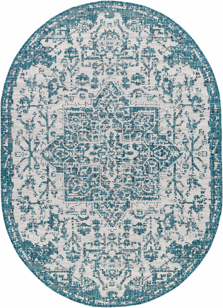 Wamberal Teal And Ivory Traditional Style Indoor Outdoor Area Rug