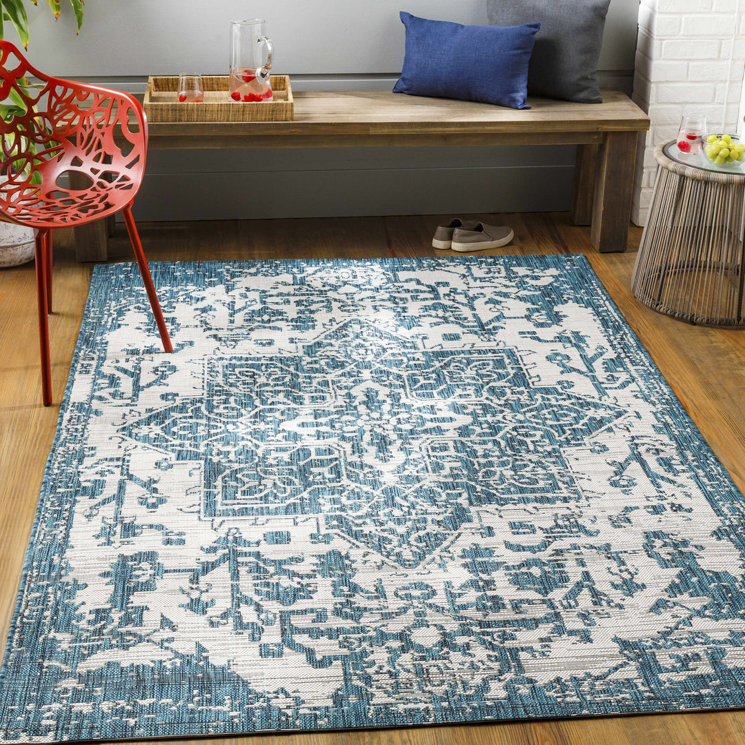 Wamberal Teal And Ivory Traditional Style Indoor Outdoor Area Rug