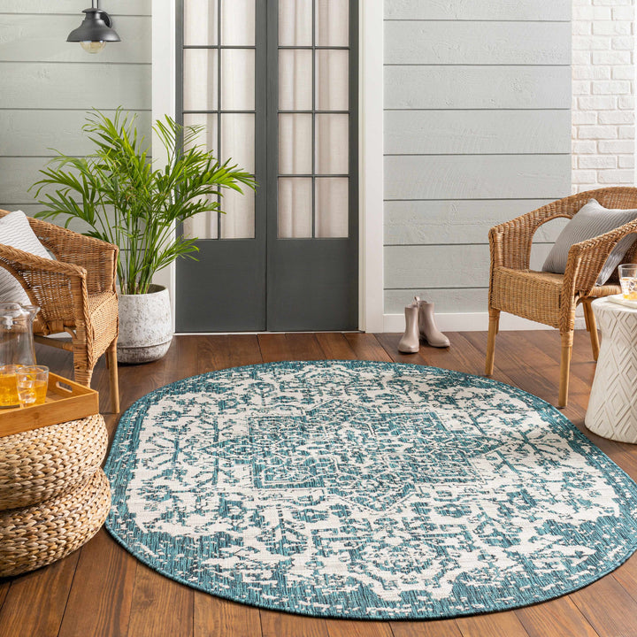 Wamberal Teal And Ivory Traditional Style Indoor Outdoor Area Rug