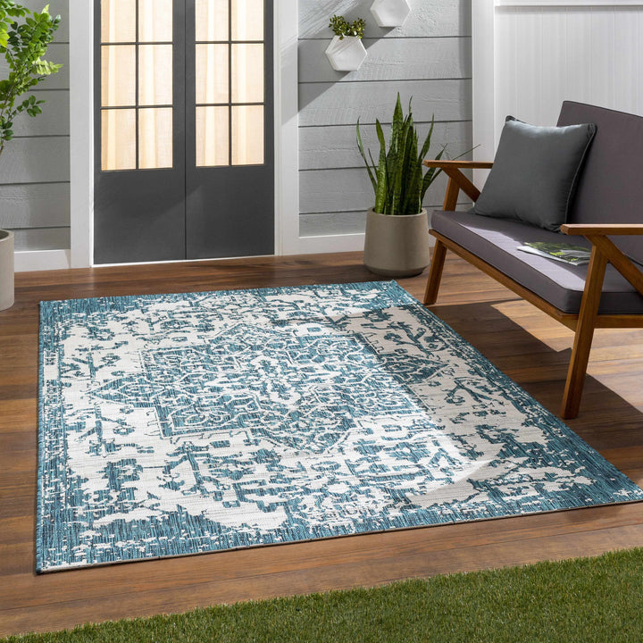 Wamberal Teal And Ivory Traditional Style Indoor Outdoor Area Rug