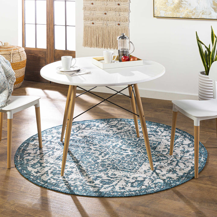 Wamberal Teal And Ivory Traditional Style Indoor Outdoor Area Rug