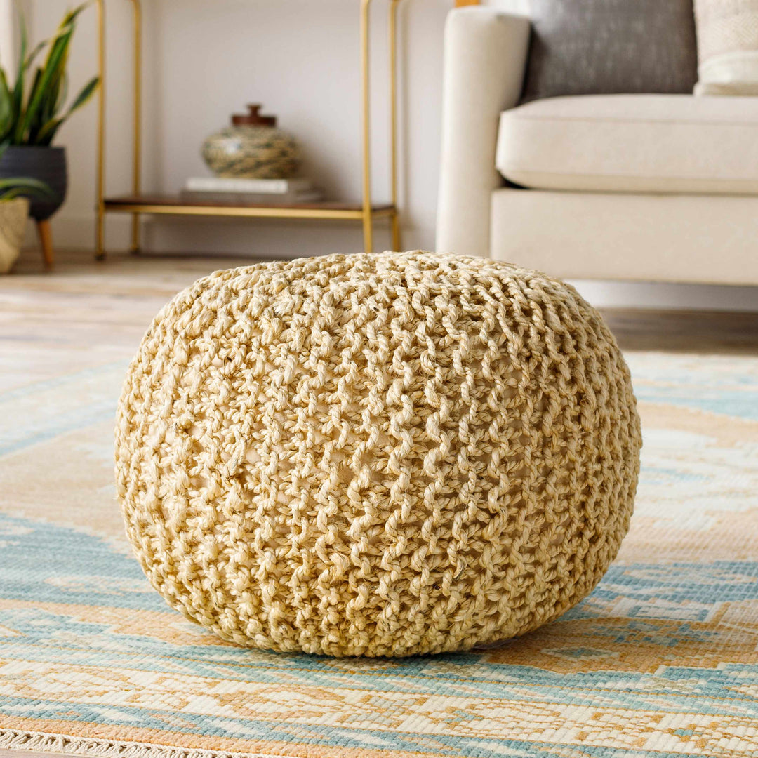 Watseka Peach Round Jute Knitted Pouf – 100% Natural Jute, Transitional Style