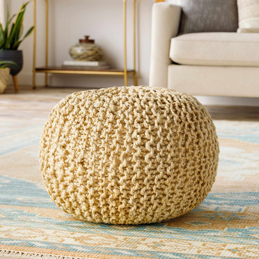 Watseka Peach Round Jute Knitted Pouf – 100% Natural Jute, Transitional Style - The Rug Decor