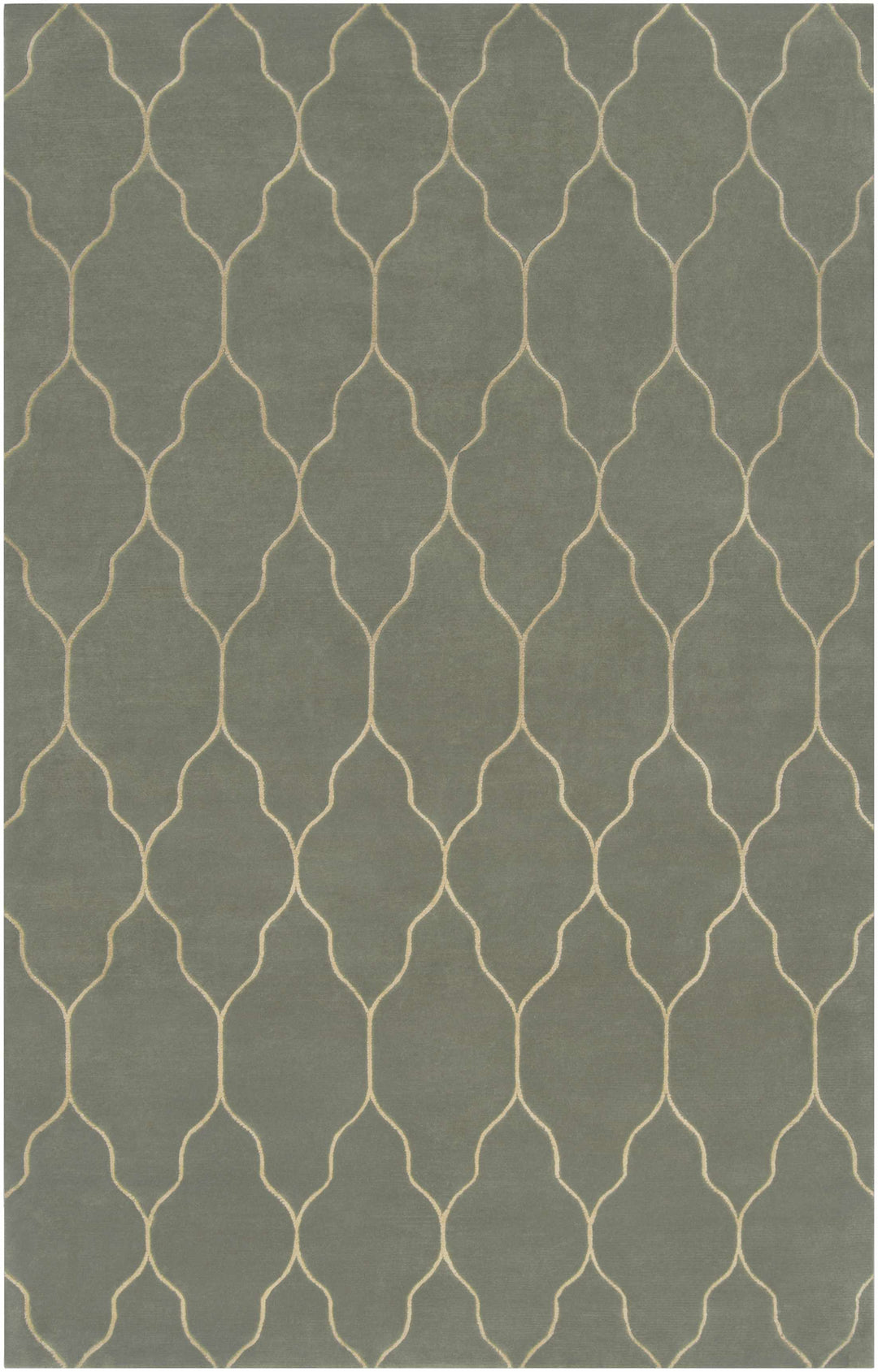 Gray hand-knotted area rug with light trellis geometric pattern, rectangular design