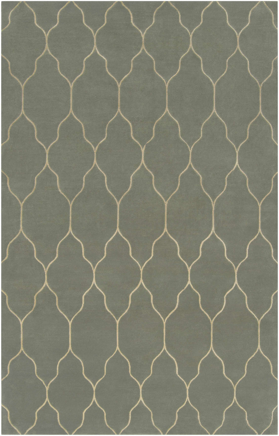 Gray hand-knotted area rug with light trellis geometric pattern, rectangular design