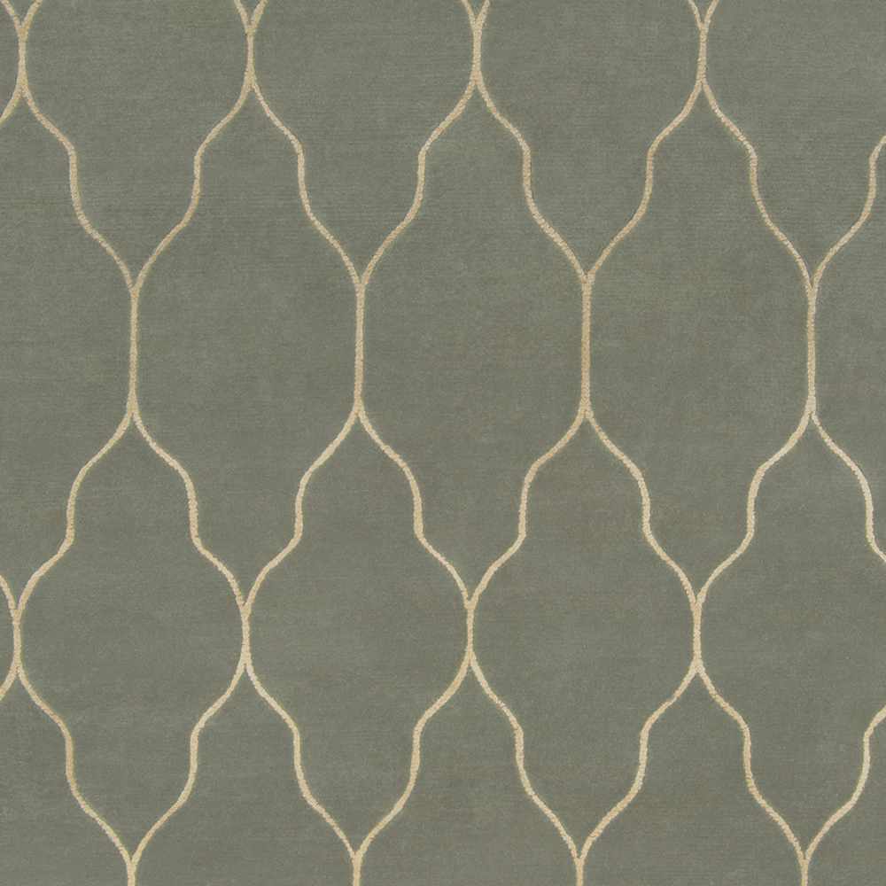 Gray hand-knotted rug closeup with light trellis geometric pattern