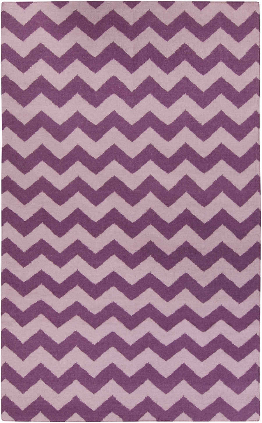 Hand-woven wool area rug with purple chevron zigzag pattern