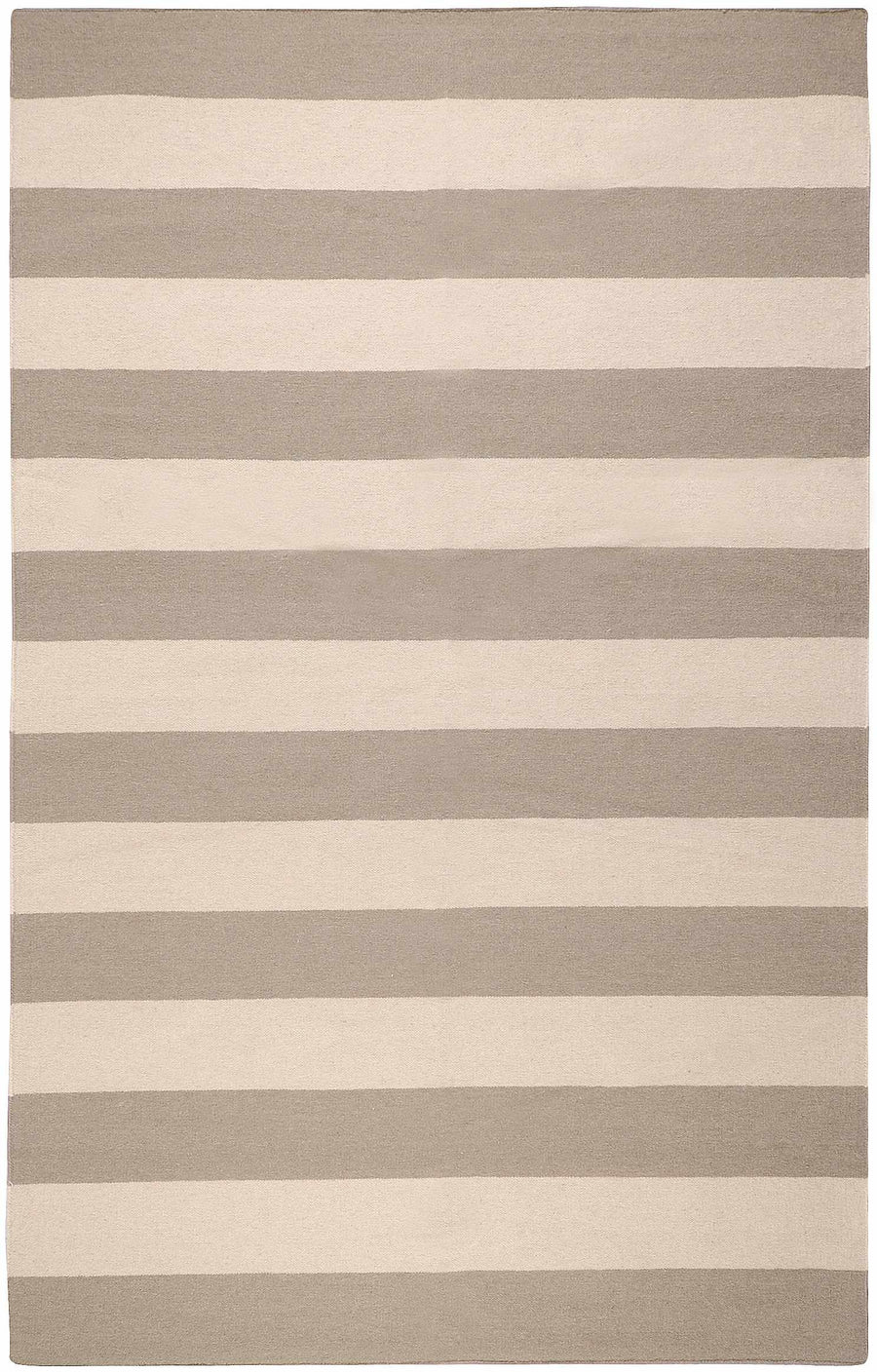 Beige and gray wool area rug with modern horizontal stripe pattern, rectangular design