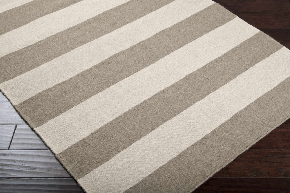 Beige and gray horizontal striped wool area rug, diagonal view with border visible