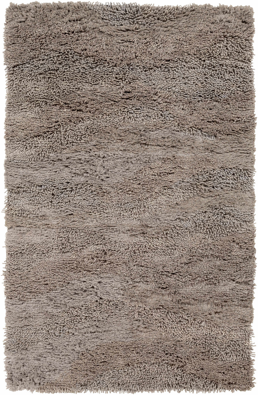 Taupe hand-woven area rug with shaggy, textured pile and solid modern look