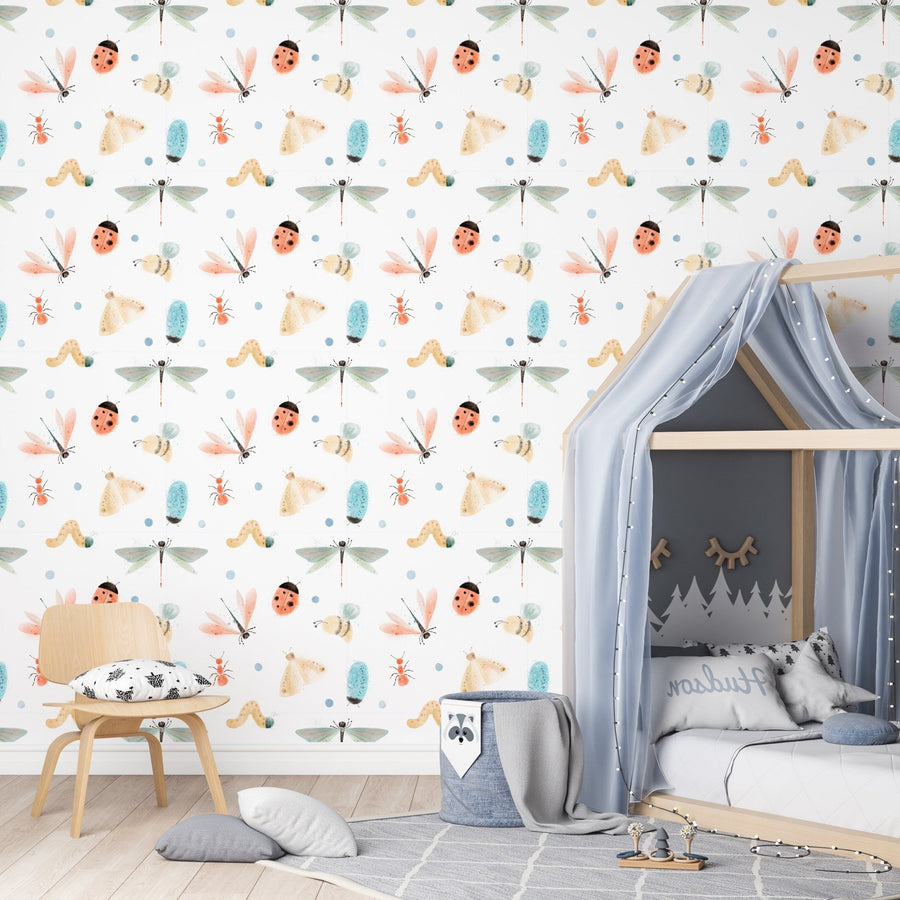 White And Colorful Playful Bug Pattern Self - Adhesive Wallpaper - The Rug Decor