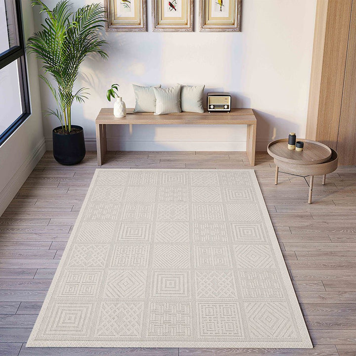 White Geometrical Machine Washable Polypropylene Rug - The Rug Decor
