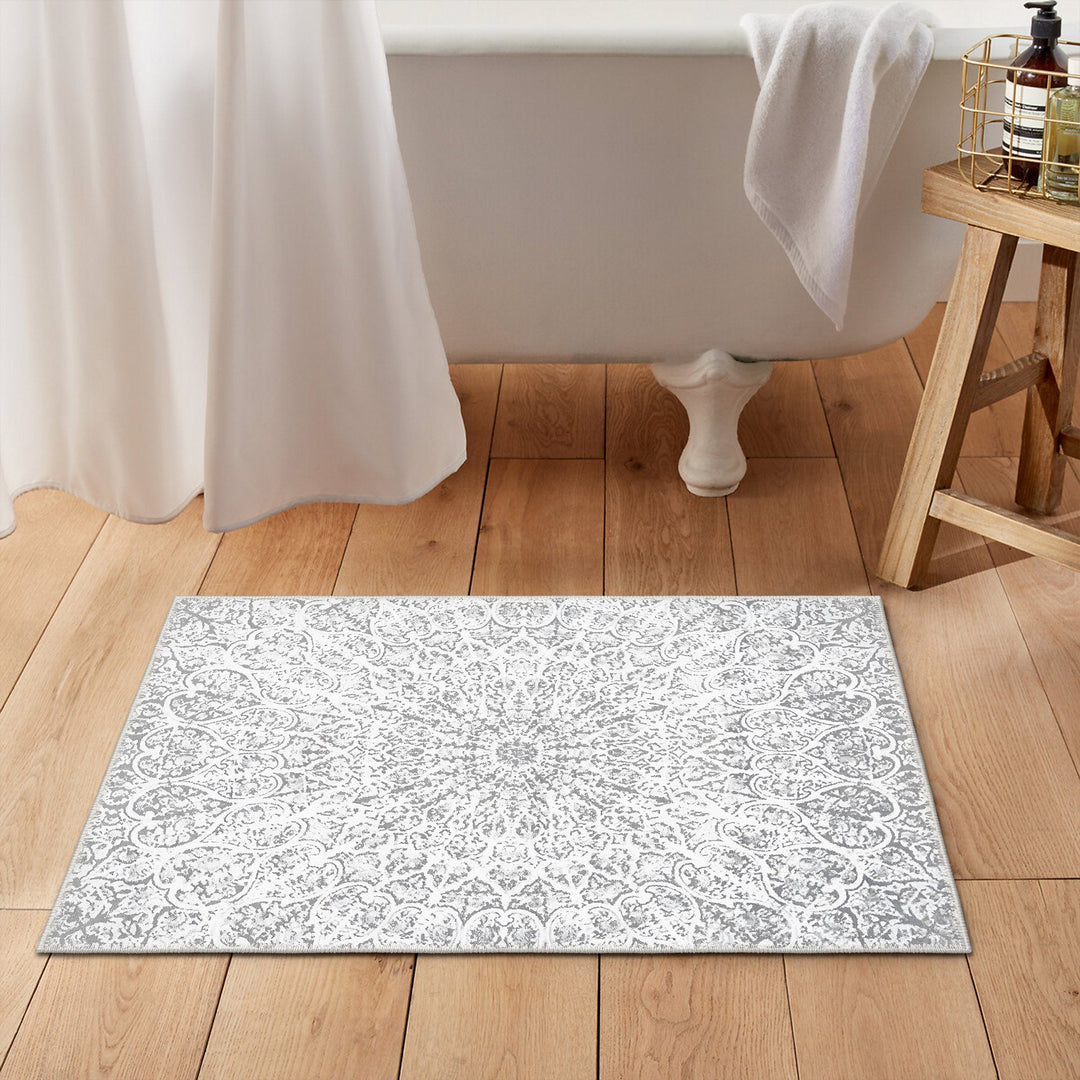White Traditional Medallion Machine Washable Cotton Area Rug - The Rug Decor