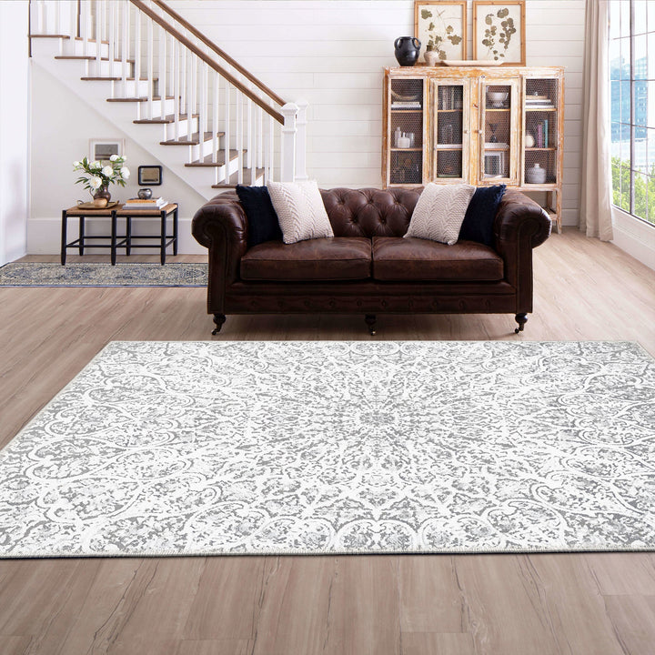 White Traditional Medallion Machine Washable Cotton Area Rug - The Rug Decor