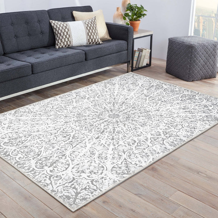 White Traditional Medallion Machine Washable Cotton Area Rug - The Rug Decor