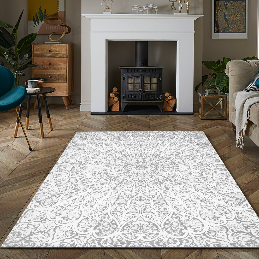 White Traditional Medallion Machine Washable Cotton Area Rug - The Rug Decor
