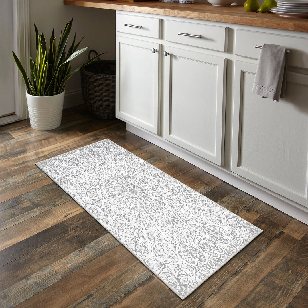 White Traditional Medallion Machine Washable Cotton Area Rug - The Rug Decor