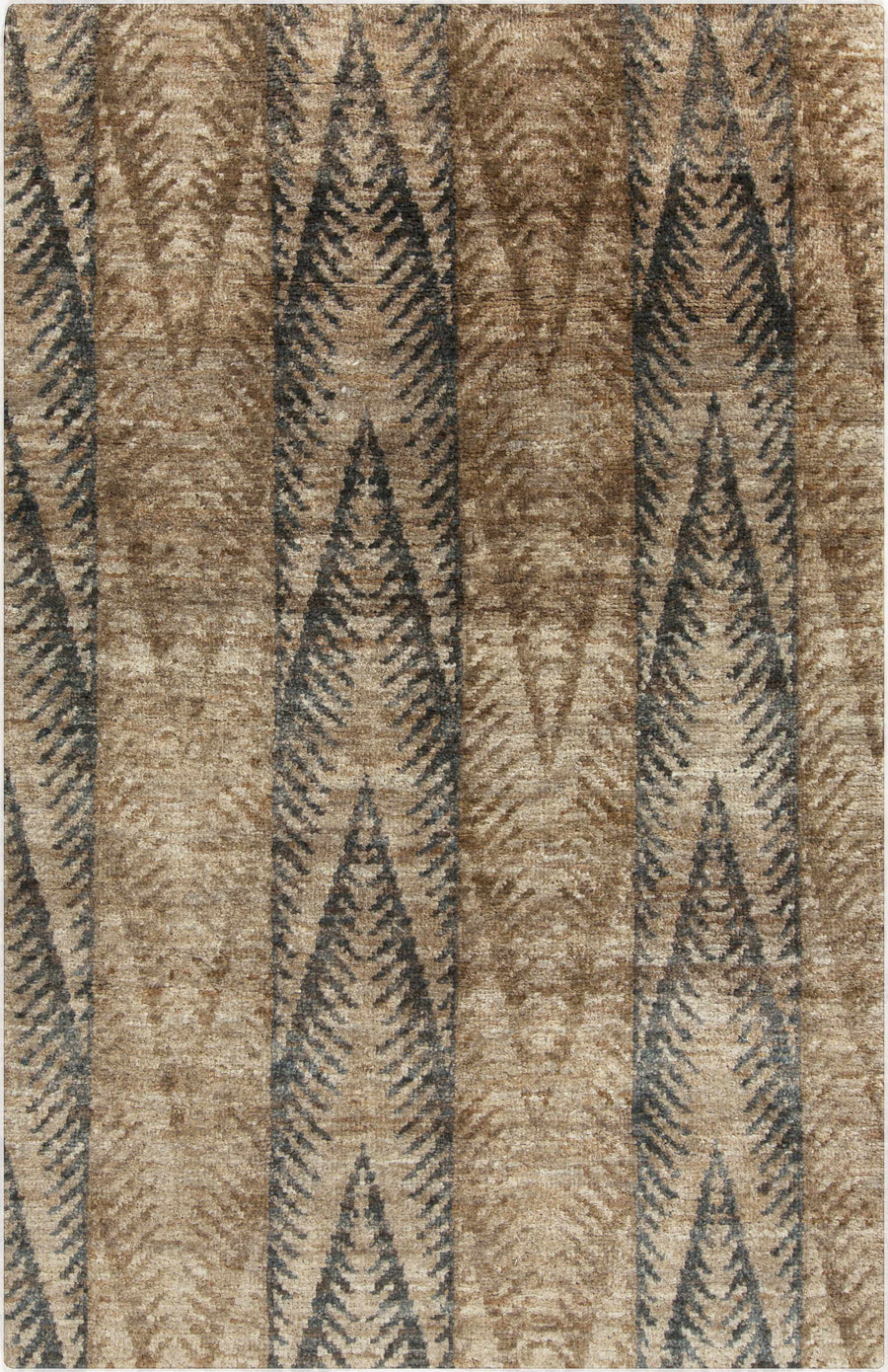 Hand-knotted jute rug with abstract brown and beige chevron pattern
