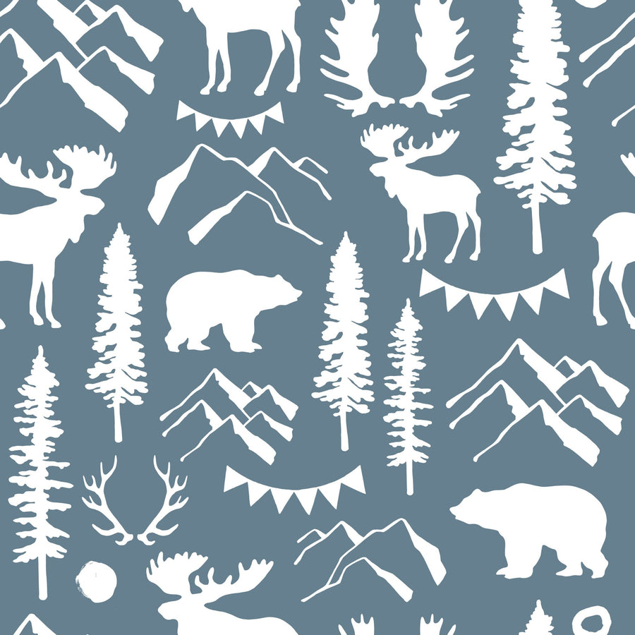 Wilderness Self - adhesive Wallpaper, Gray and White Moose, Bear, Mountain, and Tree - The Rug Decor