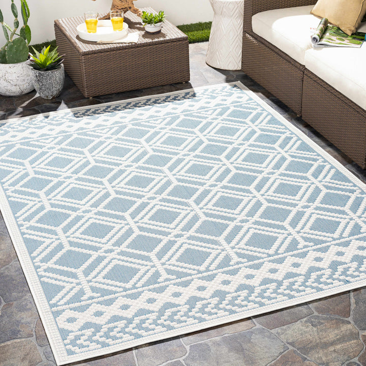 Wingina Blue And Ivory Modern Geometrical Design Outdoor Rug