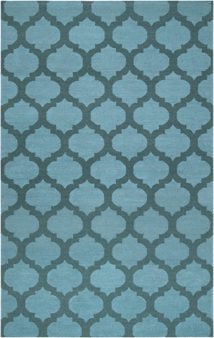 Blue trellis hand-woven wool area rug with repeating quatrefoil pattern