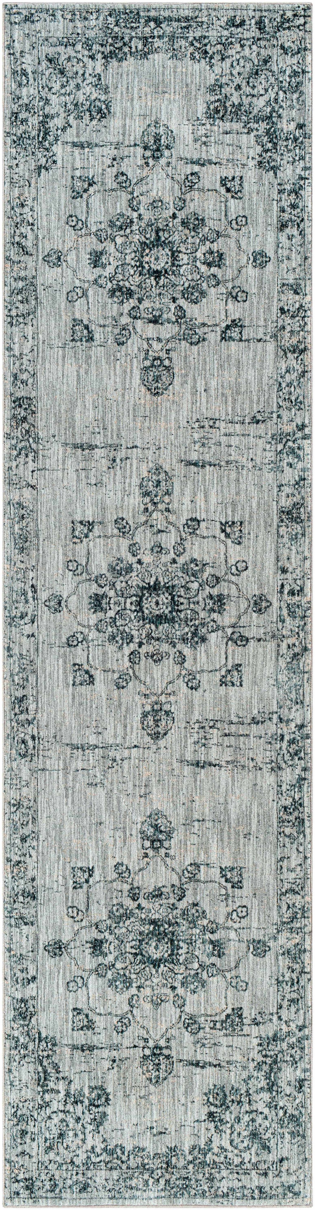 Traditional Medallion Gray And Ivory Machine Woven Rug